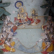 Krishna with Radha, surrounded by gopis in the Ras Lila, a traditional story of Krishna described in Hindu scriptures and literature.